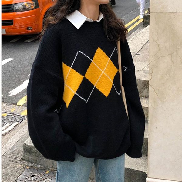 

women's sweaters jchb sweater winter geometric pattern fashion basic casual regular female long sleeve korean oversize jumpers pullo, White;black