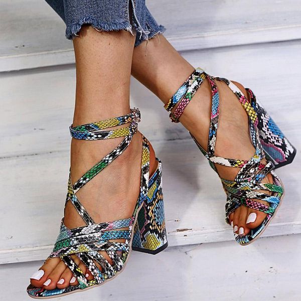 

sandals ladies women shoes summer pu leather snake print thick high heels cross tied ankle strap casual fashion female 2021, Black