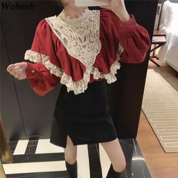 

women's blouses & shirts woherb 2021 korean vintage elegant women lace patchwork ruffle woman clothes lantern sleeve stand neck chic, White