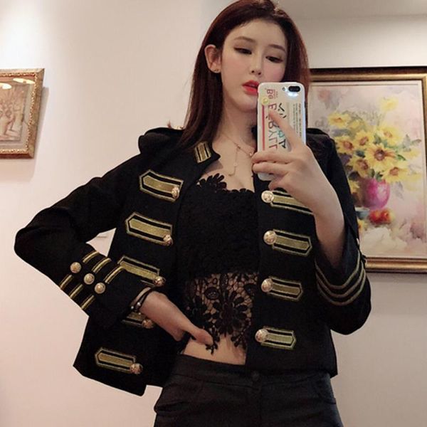 

women's jackets [ewq] 2021 autumn gold thread embroidery open stitch stand collar black jacket short coat fashion trend bomber qv129, Black;brown