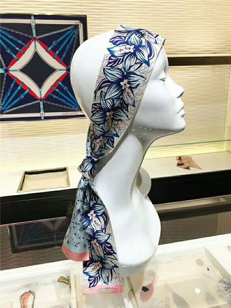 

brand scarf lady neck print scarves luxury headband silk scarfs 120*7cm, Blue;gray