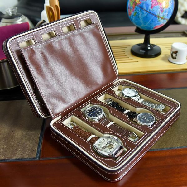 

watch boxes & cases brown leather box display case organizer 8 slots jewelry storage holder, Black;blue
