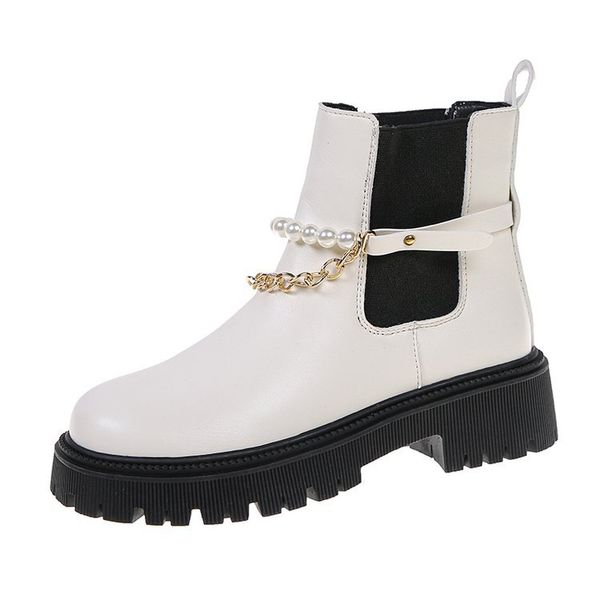 

fashion middle heel short boots women's autumn 2021 round head pearl thick heel single boots short barrel thin boots, Black