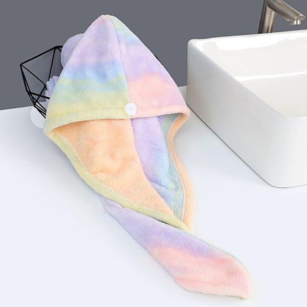 

women tie-dye rainbow colorful towel wrap coral velvet super absorbent quick hair dry hat bath shower turban cap