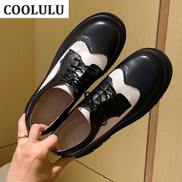 

dress shoes coolulu 2022 women lace up wingtip oxford pumps loe heel brogue for ladies wedges casual size 43, Black