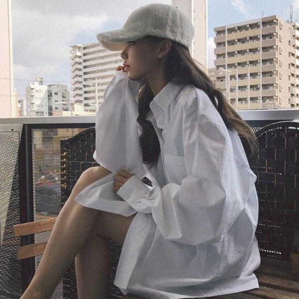 

spring big size shirts elegant cotton casual full batwing sleeve korean fashion clothing women blouse 210615, White