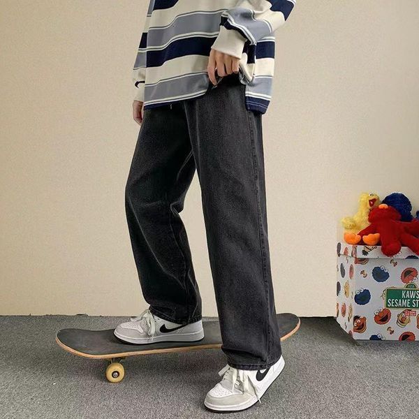 

men's jeans cotton blue black fashion casual wide-leg baggy men streetwear loose hip-hop straight denim trousers mens