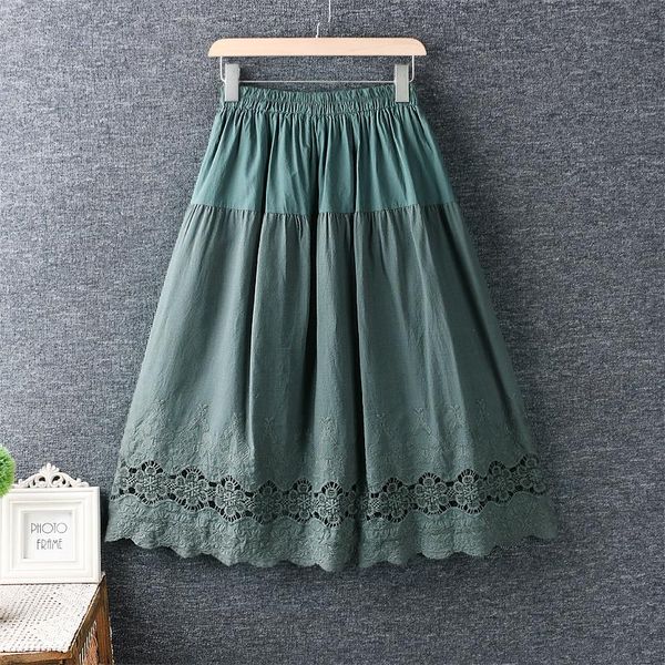 

skirts womens fresh elastic waist hollow embroidery stitching long skirt cotton loose, Black