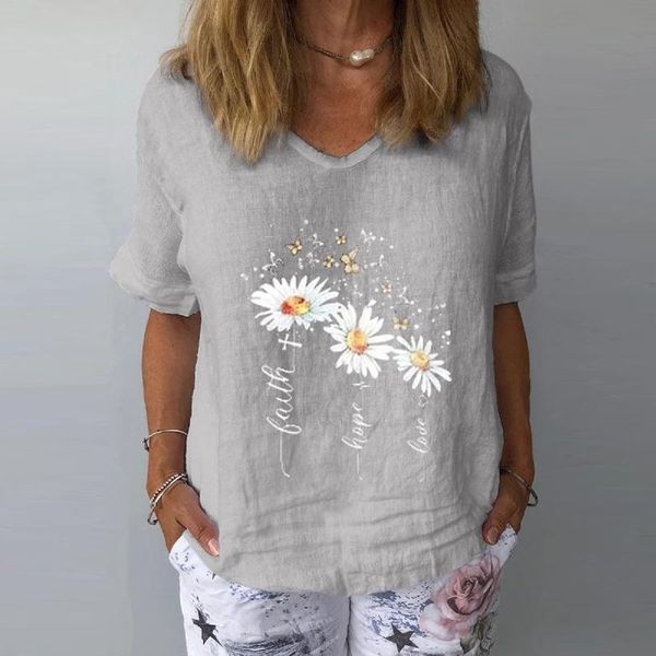 

women's t-shirt 2021 women t shirt summer cotton and linen simple short sleeve o-neck pullover for female daisy print plus size tees cl, White