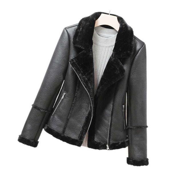 

women's leather & faux winter women thick warm jacket 2021 motorcycle coats turndown collar black jackets outwear wf169