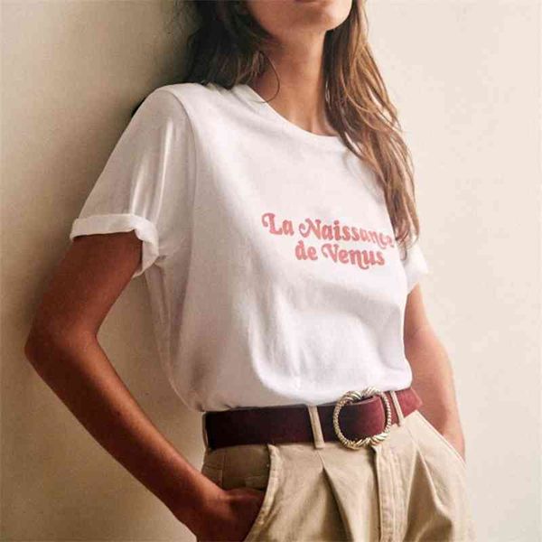 

women's t-shirt letter print tee woman short sleeve round collar loose white soft cotton t shirts vintage elegant casual tees chic