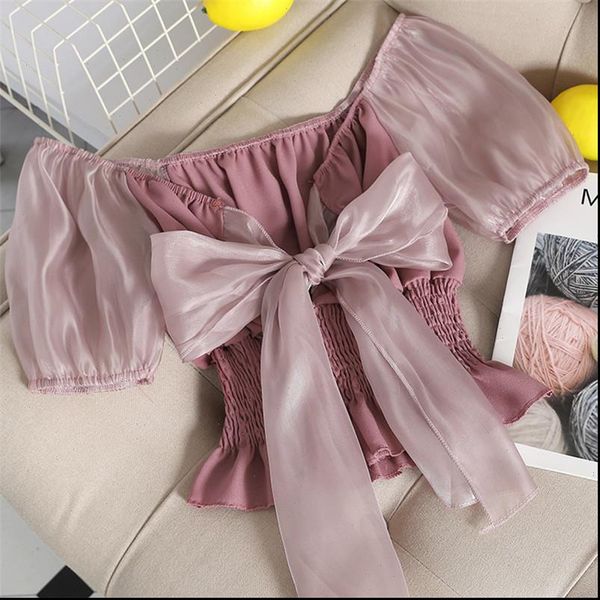 

summer autumn slash neck womens shirt chiffon sweet tie bow mesh slim short sleeve ruffles blouses a1576, White