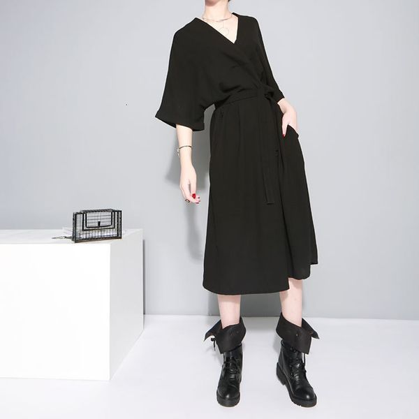 

casual dresses spring summer v-collar half sleeve banae temperament loose big size chiffon women fashion, Black;gray