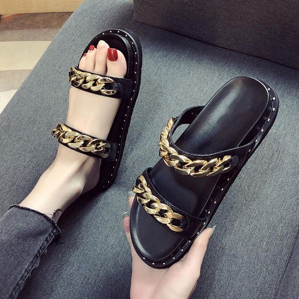 

sandals fashion women pu leather sandal chain comfy platform flat shoes ladies casual soft big toe foot correction female 2021, Black