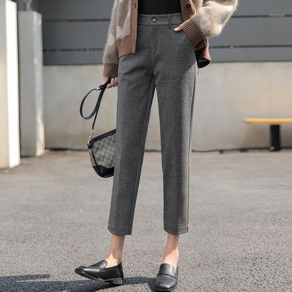 

fashion women wool harem pants 2021 autumn winter female trousers waist femme casual plaid ol suit pant wp243 women's & capris, Black;white