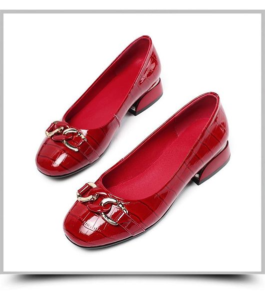 

dress shoes women's fashion metal decorative leather bright lady soft soles comfortable thick heel casual, Black