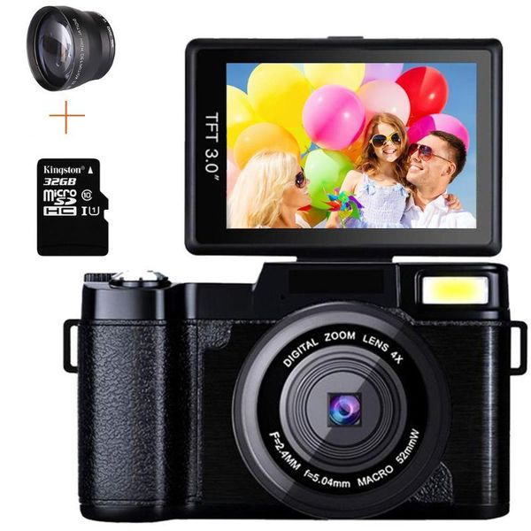 

digital cameras professional 24mp video camera 4x zoom rotatable screen full 1080p anti-shake slr camcorder po w/ wide lens and 32gb card