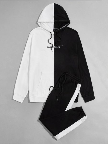 

men letter graphic two tone drawstring hoodie & sweatpants o8lq#, Gray