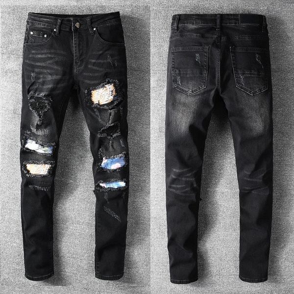 

mens jeans designer luxury tiny elasticity printed black hole slim-leg denim pants fashion club clothing for male hip hop skinny ripped660 t, Blue