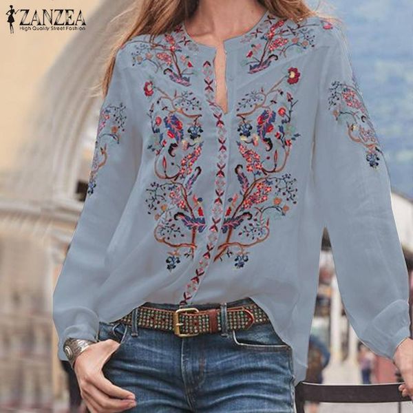 

zanzea 2021 fashion printed womens autumn blouse bohemian v neck long sleeve shirts female casual loose blusas plus size, White