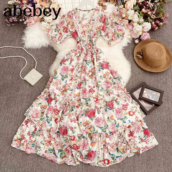 

summer women fashion all-match v-neck flared sleeve dress waist slim floral big skirt 210512, Black;gray