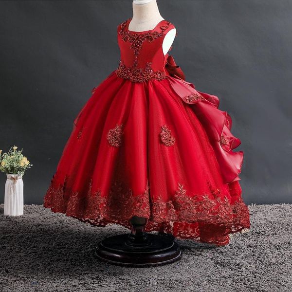 

girl's dresses yoliyolei elegant tail girls party dress dovetail long flower girl pageant clothing hand made retro embroidery kids, Red;yellow
