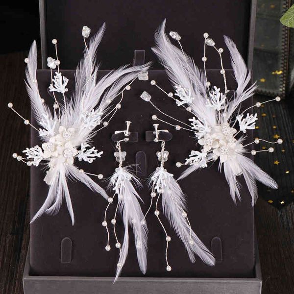 

3 pcs silver color feather women jewelry crystal bridal grip earrings set flower wedding accessories two hair clip, Slivery;golden
