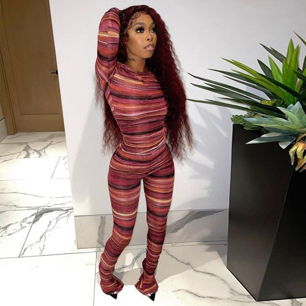 

women's two piece pants sell striped printed tie-dye autumn and winter streetwear pink tight round neck flared two-piece 2021, White