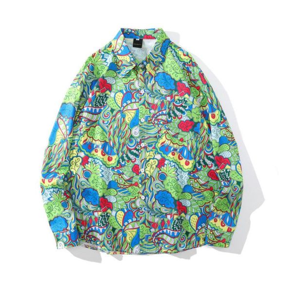 

men's casual shirts streetwear harajuku graffiti cartoon flowers floral button shirt hip hop fashion long sleeve blouse, White;black