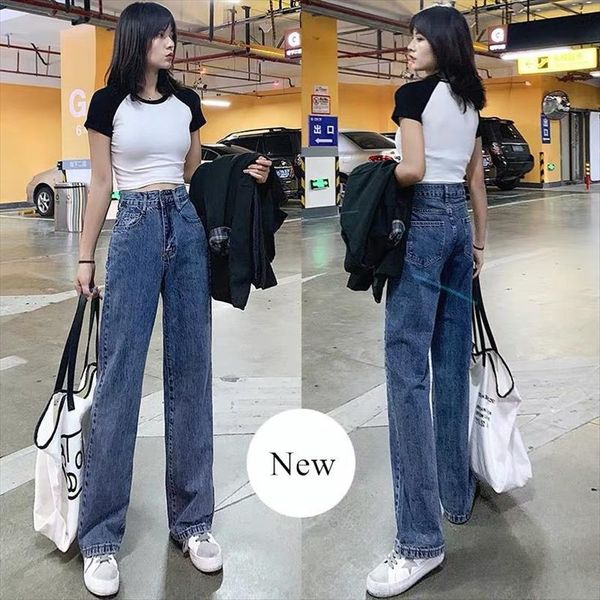 

vintage spring casual denim women jean wide leg loose pants full length oversize high waist, Blue
