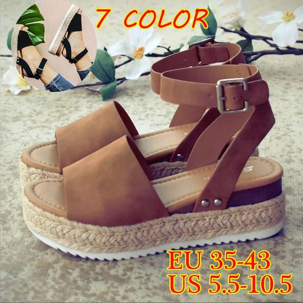 

summer wedges platform hemp leopard color casual slip on strap cross plus size, Black