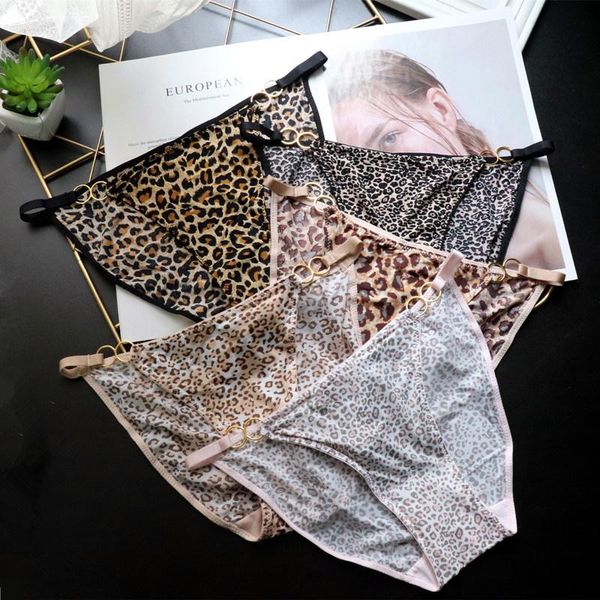 

women's panties leopard print underwear transparent ice silk hollow out breathable seamless thong briefs lingerie tanga, Black;pink