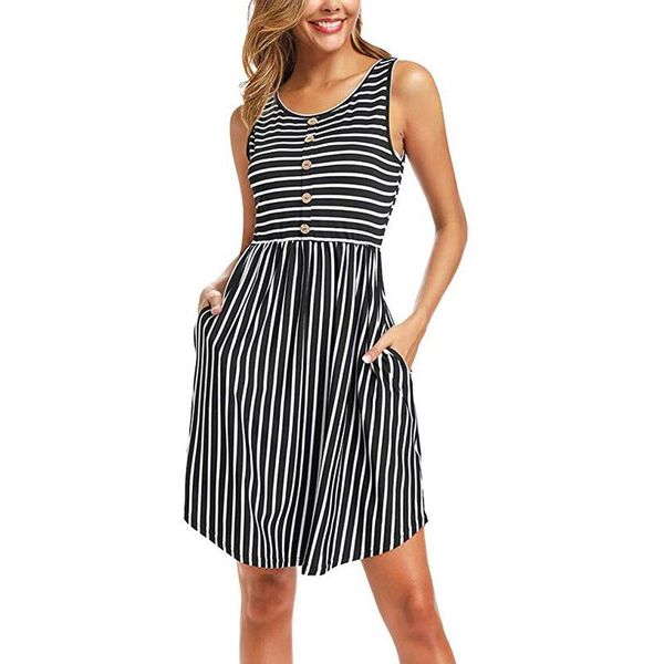 

spring and summer women's striped sleeveless crew neck mid length dress high waist skirt maternity dresses, White