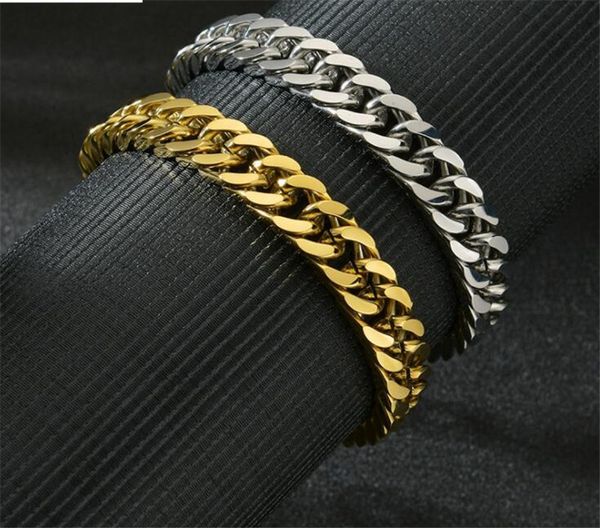 Braceletes de aço inoxidável banhado a ouro Corrida Chain Chair Mens Jóias Moda, 21,5 cm de comprimento, 11mm de largura