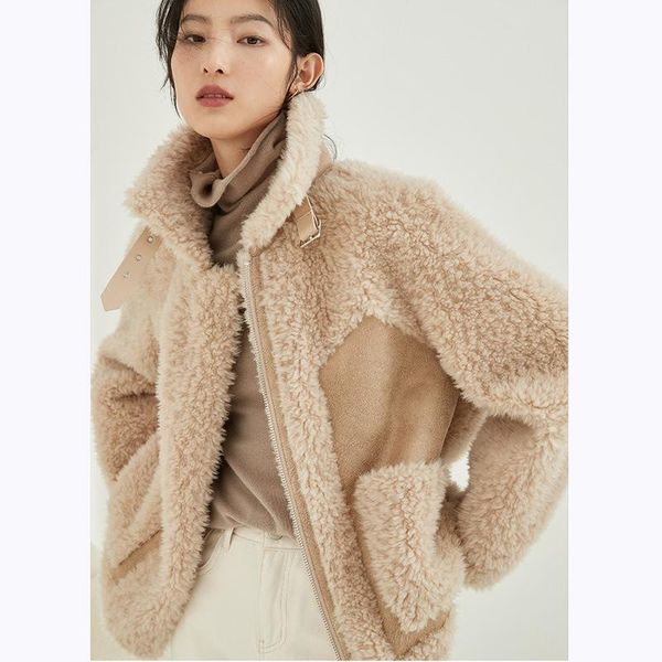 

women's fur & faux winter women real coat sheep shearing jacket female turndown collar elegant genuine wool plush outwear x744, Black