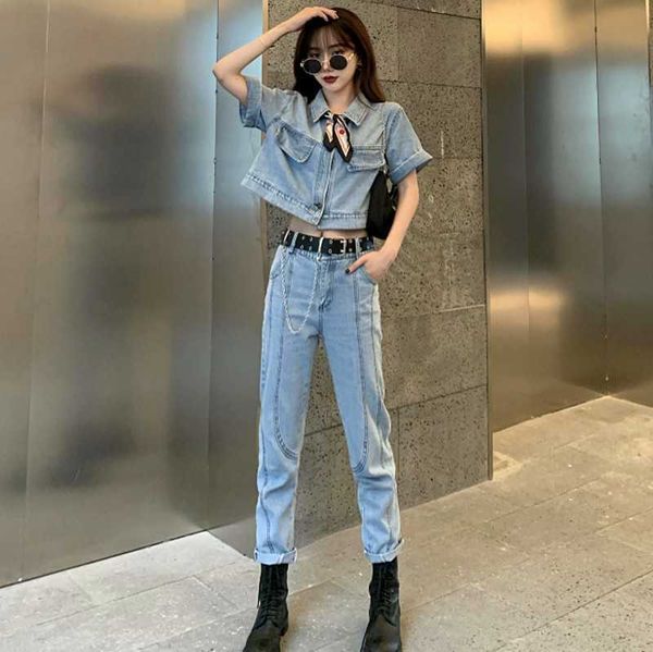 

autumn ladies casual denim two piece sets loose short-sleeved denim + straight jeans with belt sets 210531, White