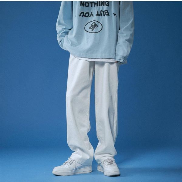 

men's jeans straight men solid color white black loose denim trousers casual korean hip hop streetwear mens, Blue