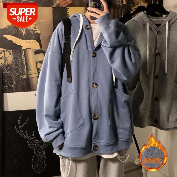 

2020 men's single breasted cardigan casual solid color hooded jackets plus thickening velvet keep warm coats 3 outerwear #7d9j, White;black