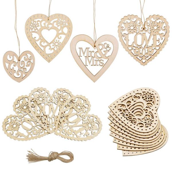 

party decoration 10pcs rustic wedding decor wood love heart hollow hanging ornament wooden chips gift plaque pendant mr mrs diy crafts