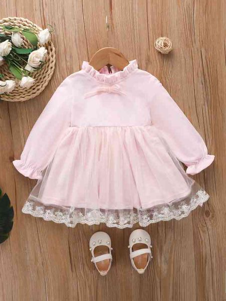 

baby bow front frill trim contrast mesh dress she, Red;yellow