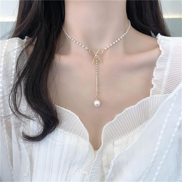 

pendant necklaces kawaii bowknot pearl necklace korean ladies ins simple temperament charm clavicle chain original trend party jewelry gift, Silver