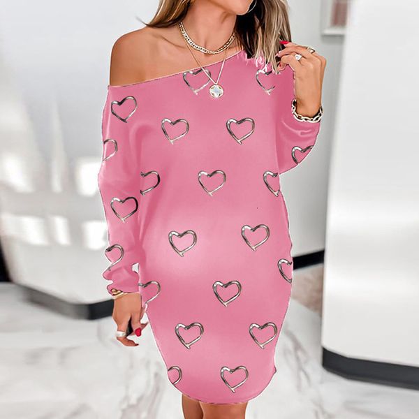 

women one off shoulder autumn shirt dress lady loose hearts print long sleeve mini dresses female casual, Black;gray