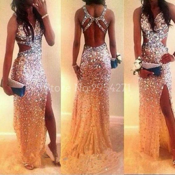 

party dresses bling african prom for black girl mermaid backless with high slit crystals evening vestido de festa, White;black