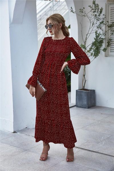 

casual dresses long dress women round neck floral print straight vestidos boho polka dot vintage robe femme spring y1949a, Black;gray