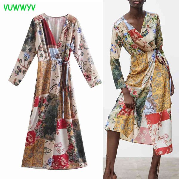 

vintage print crossover patchwork dress women summer chic party midi woman long sleeve pleated waist vestidos belt 210430, Black;gray