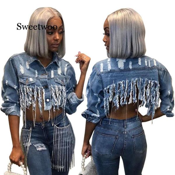 

women's jackets 2021 autumn ripped holes backless cropped denim jacket streerwear woemn tassel irregular jeans overcoat, Black;brown