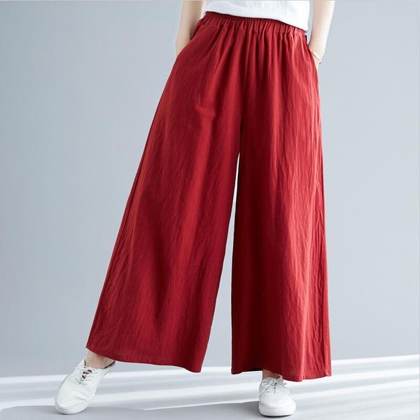 

women's pants & capris spring cotton linen 2021 fashion woman long casual solid wide leg plus size -7xl trousers red black, Black;white