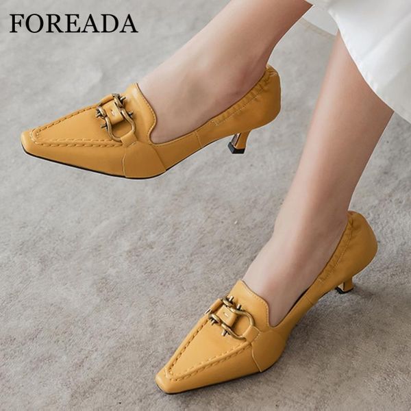 

dress shoes foreada woman pumps metal decoration high heels square toe thin heel elastic band ladies footwear yellow beige 34-46, Black