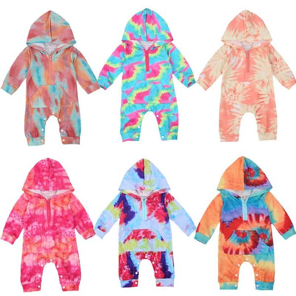 

jumpsuits spring autumn born baby girls boys tie-dye rompers hooded long sleeve print pocket 0-24m, Blue