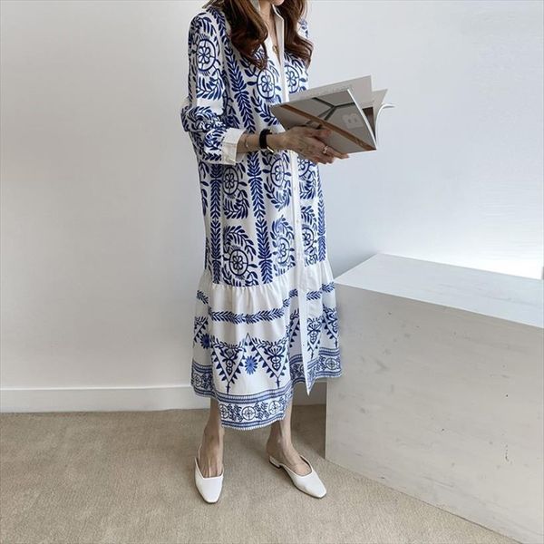 

chic korean vintage blue womens dress v neck long sleeve print single breasted shirt women fashion clothing vestido, Black;gray